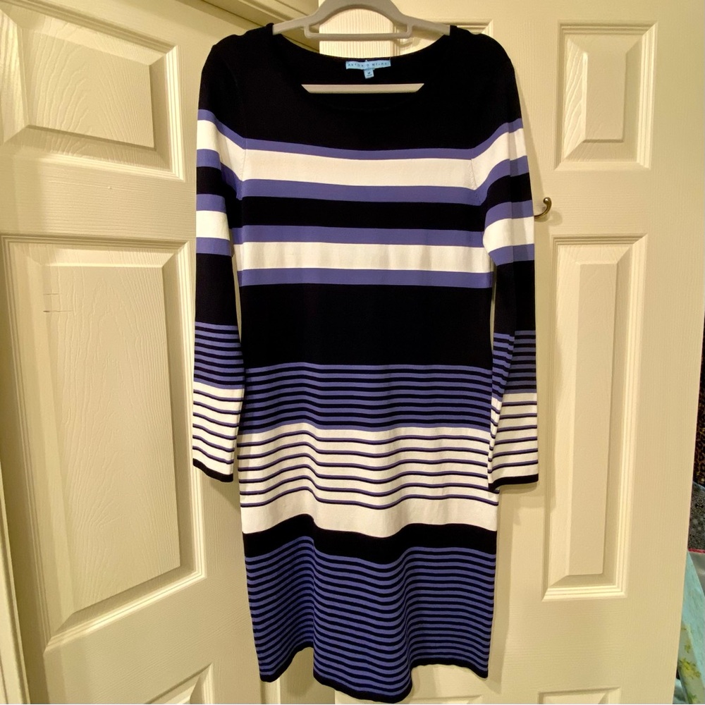 ANTONIO MELANI Gorgeous Black, Purple & White Striped Long Sleeve Knit Dress EUC